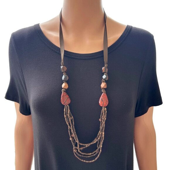 Coldwater Creek Necklace Boho Wood Beaded Multi Strand Brown Tones - Picture 4 of 4